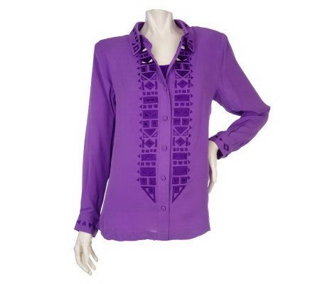 Bob Mackies Embroidered & Cut-out Silk Blouse and Tank Set - A91627