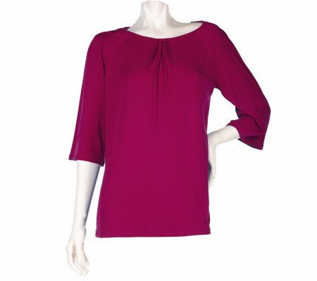 Susan Graver Liquid Knit 3/4 Sleeve Top w/Shoulder and Neck Pleats - A92127