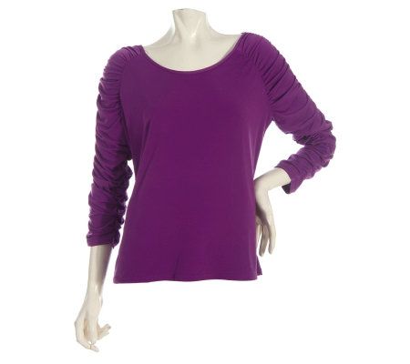 Susan Graver Liquid Knit 3/4 Sleeve Top with Ruched Sleeves - A210128