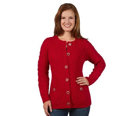 Aran Craft Merino Wool Button Front Cable Knit Cardigan - A218128