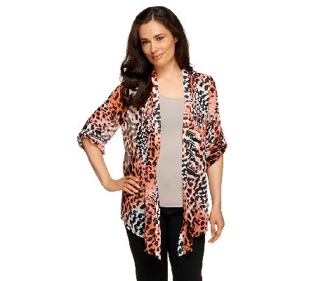 Susan Graver Printed Chiffon Cascade Front Cardigan with Pleats - A222428