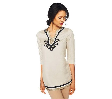 Isaac Mizrahi Live! Woven Tunic w/ Multicolored Soutache Trim - A223828