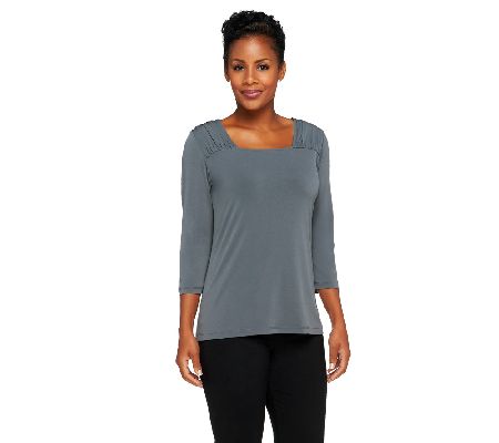 Susan Graver Essentials Liquid Knit 3/4 Sleeve Top with Ruching - A226128