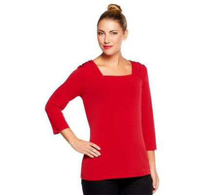 Susan Graver Essentials Liquid Knit 3/4 Sleeve Top with Ruching - A226128