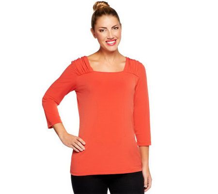 Susan Graver Essentials Liquid Knit 3/4 Sleeve Top with Ruching - A226128