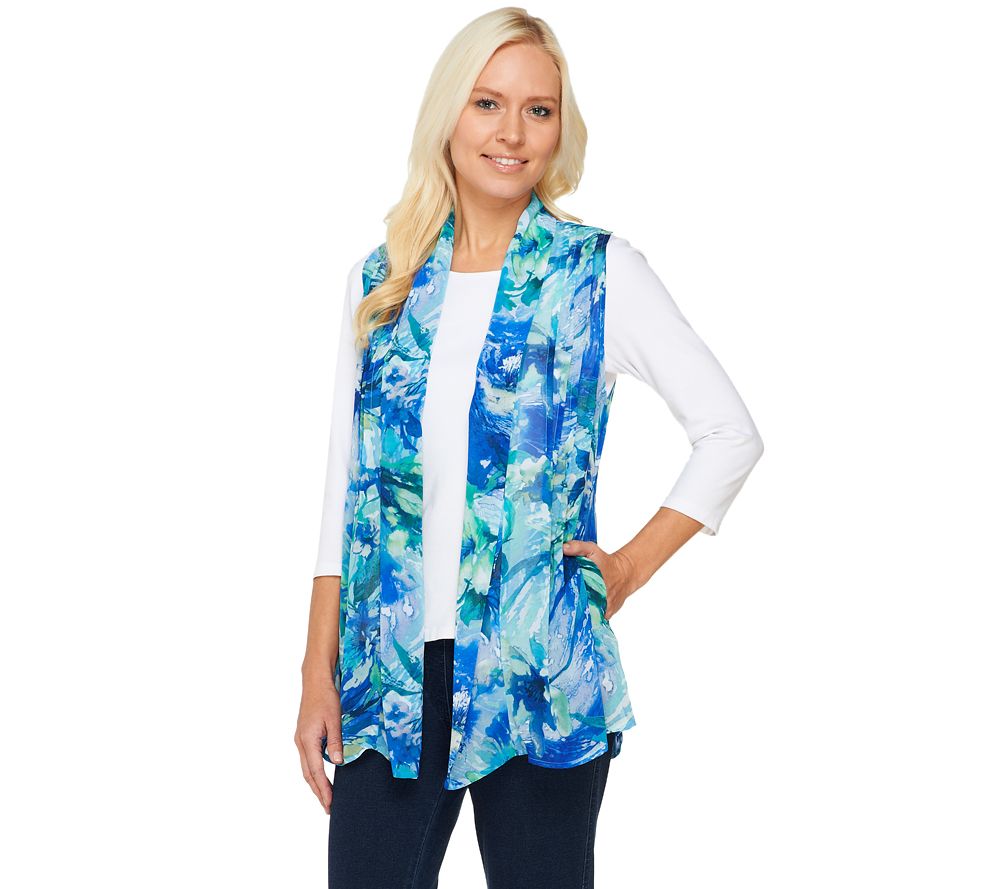 Susan Graver Printed Chiffon Cascade Open Front Vest - A232428