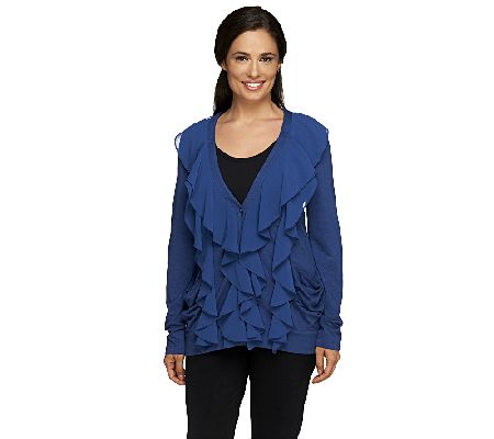 LOGO by Lori Goldstein Chiffon Ruffle Front Cardigan - A202829