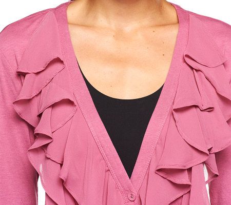 LOGO by Lori Goldstein Chiffon Ruffle Front Cardigan