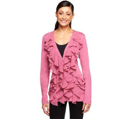 LOGO by Lori Goldstein Chiffon Ruffle Front Cardigan - A202829