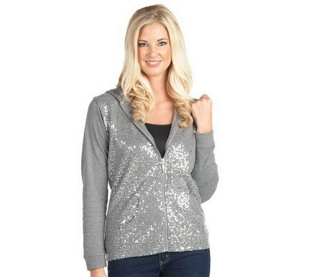 Quacker Factory Sequin Zip Front Knit Jacket w/Hood - A203829
