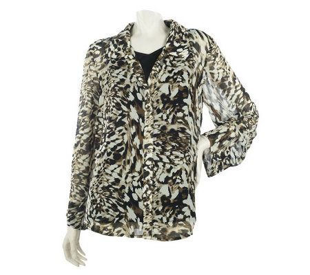 Susan Graver Printed Chiffon Button Front Shirt with LiquidKnit Tank - A212729