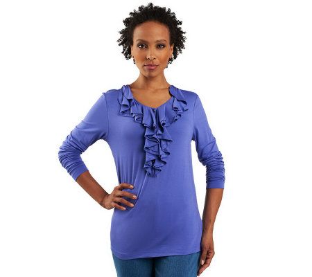 Isaac Mizrahi Live! Ruffle Front Rayon Spandex Knit Top - A219729