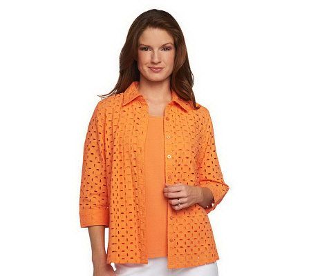 As Is Denim & Co. 3/4 Sleeve Button Down Eye let Shirtw/Tank - A228229