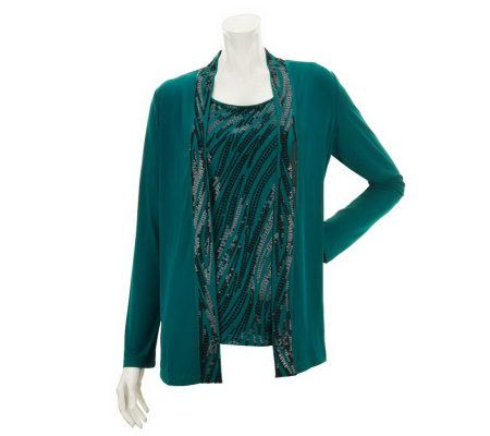 Bob Mackies Open Front Cardigan and Tiger Sequin Shell Set - A228629