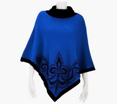 Bob Mackies Embroidered Sweater Poncho with Rib Trim - A229729