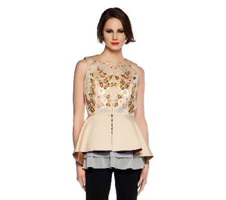 LOGO by Lori Goldstein Satin Peplum Vest with Embellishment - A240729