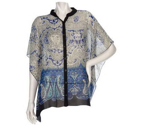Susan Graver Printed Chiffon Button Front Scarf Top - A91329