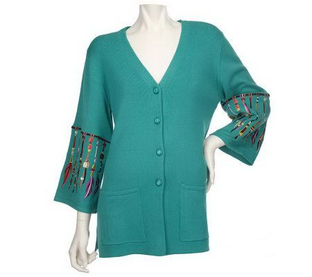 Bob Mackies Indian Bead Embroidered 3/4 Sleeve Cardigan - A09730