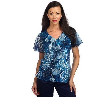 George Simonton Printed Milky Knit Top with Chiffon Ruffle - A200830