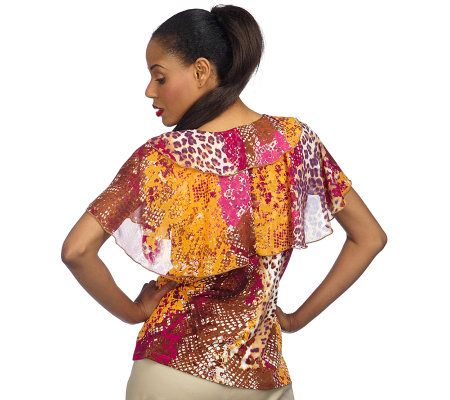 George Simonton Printed Milky Knit Top with Chiffon Ruffle