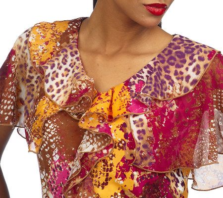 George Simonton Printed Milky Knit Top with Chiffon Ruffle