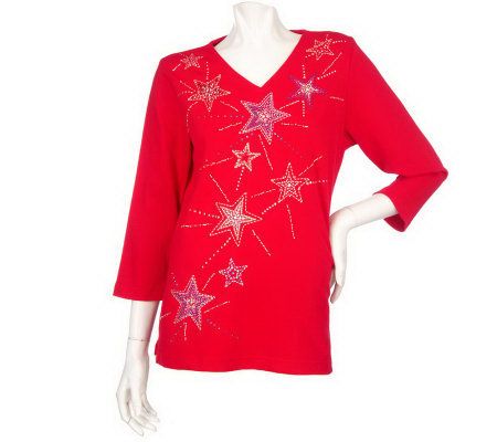 Quacker Factory 3/4 Sleeve Sparkle Motif Embellished V-neck T-shirt - A201330