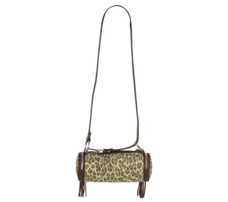 B.Makowsky Leopard Print Suede Zip Top Barrel Crossbody Bag