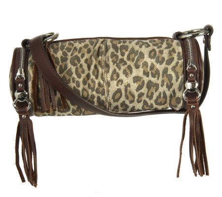 B.Makowsky Leopard Print Suede Zip Top Barrel Crossbody Bag