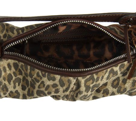 B.Makowsky Leopard Print Suede Zip Top Barrel Crossbody Bag