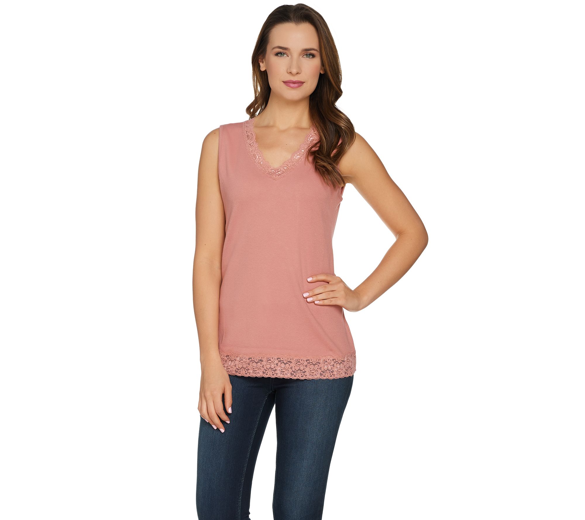 Denim & Co. Essentials Lace Trim V-Neck Ribbed Tank - A219330