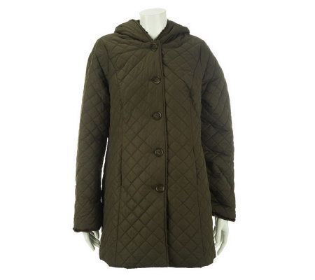 Dennis Basso Water Resistant Quilted Coat with Hood and Faux Fur Trim - A227130