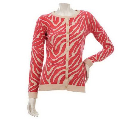 Isaac Mizrahi Live! Zebra Print Crew Neck Cardigan - A229330