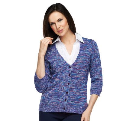 Liz Claiborne New York 3/4 Sleeve V-Neck Marled Sweater - A230730