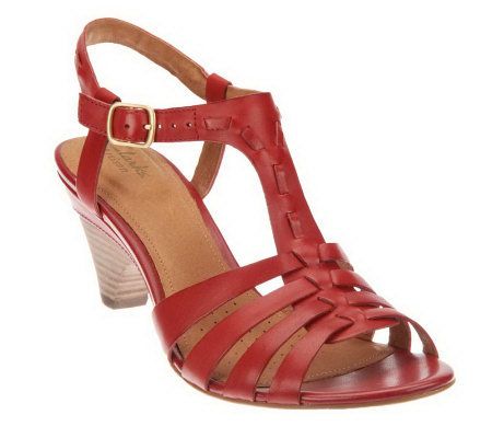 Clarks Artisan Evant Addy Leather T-Strap Sandals on Stacked Heels - A231130