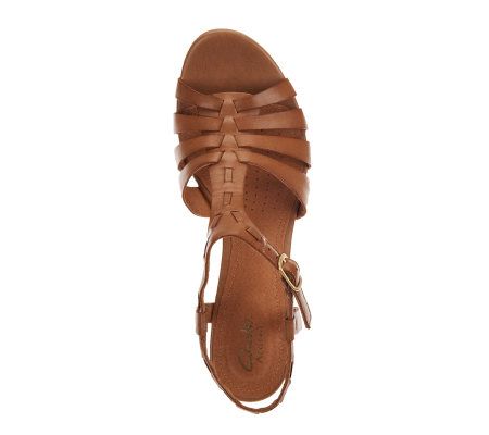Clarks Artisan Evant Addy Leather T-Strap Sandals on Stacked Heels