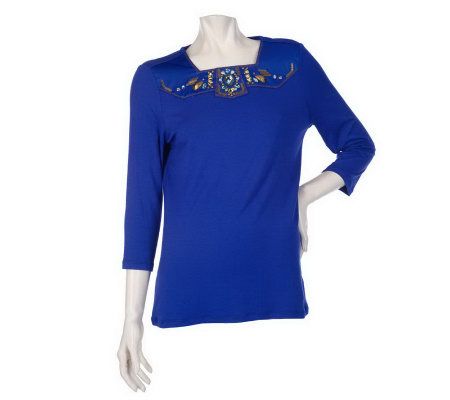 As Is Motto 3/4 Sleeve Knit Top w/ Jewel Neck Detail - A232630