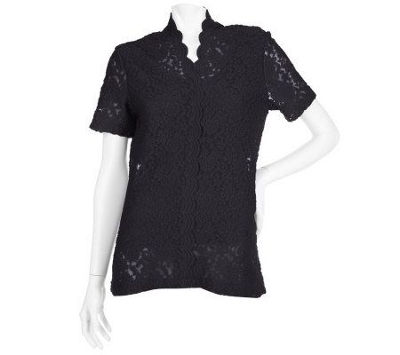 Susan Graver Scalloped V-neck Cap Sleeve Lined Lace Top - A6230