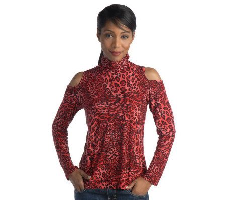 George Simonton Printed Cut-out Shoulder Turtleneck Top - A18531