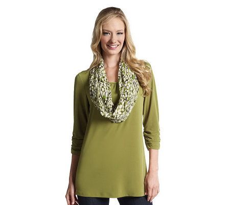Susan Graver Liquid Knit Ruched Sleeve Tunic with Eternity Scarf - A217831