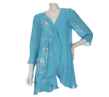 Embroidered Full Coverage Scarf Jacket with 3/4 Sleeve by VT Luxe - A223631