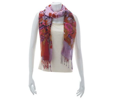 Micky London Floral Print Scarf with Stripe Edge and Fringe - A227331