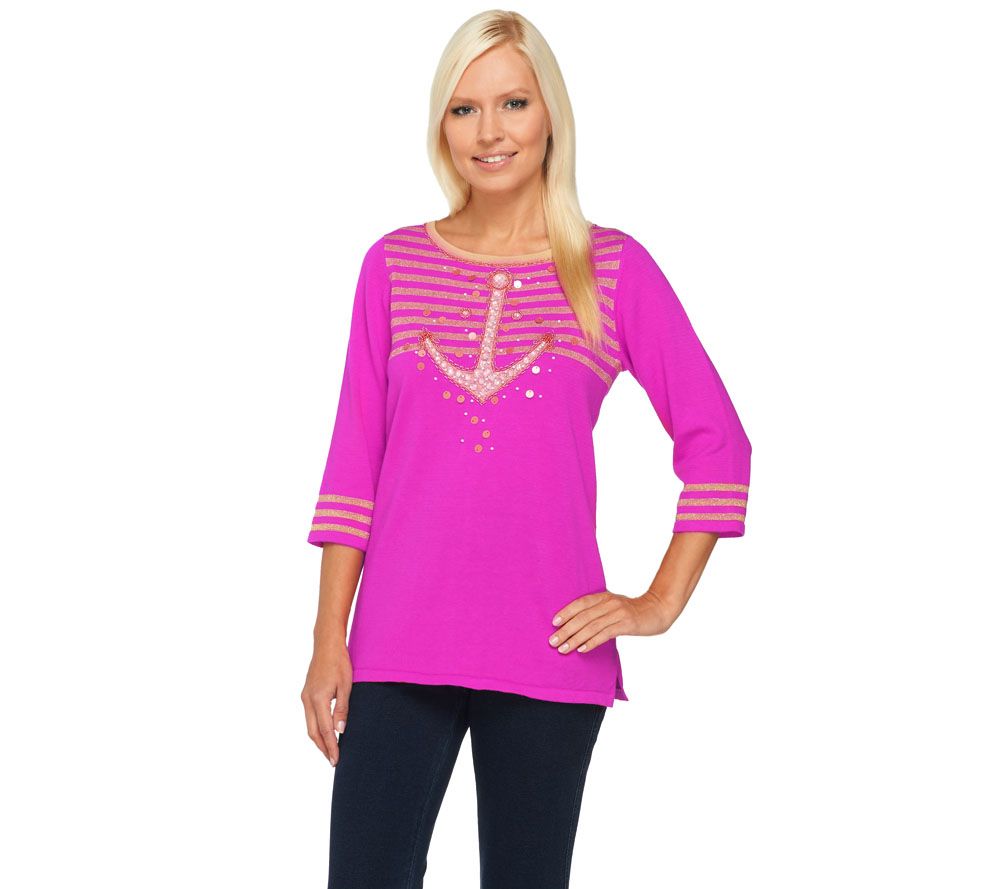 Quacker Factory Sparkle & Shine Sea Treasures 3/4 Sleeve Sweater - A231431