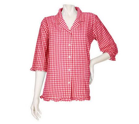 As Is Denim & Co. Seersucker Gingham 3/4 Sleeve Ruffle Shirt - A236831