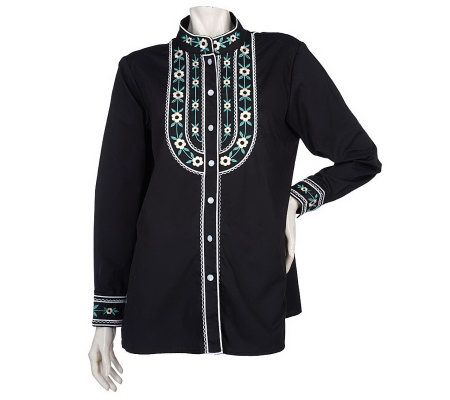 Bob Mackies Long Sleeve Embroidered Bib Blouse - A10132