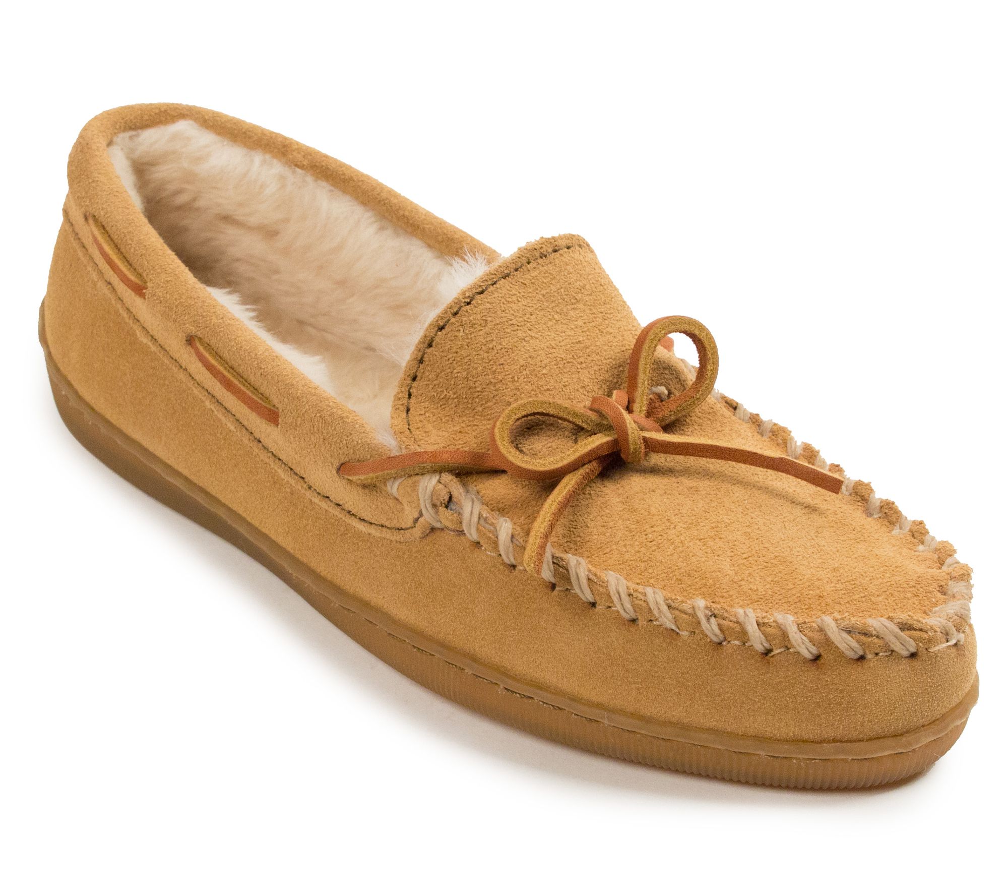 Minnetonka Pile Lined Hardsole Womens Suede Slippers with Tie - A141132