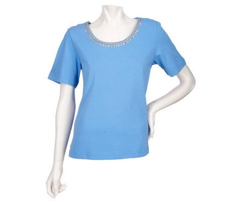 Bob Mackies Short Sleeve Top with Studded Neckline - A203432