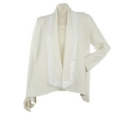 Dennis Basso Ponte Knit Drape Front Cardigan with Sequin Trim - A211132