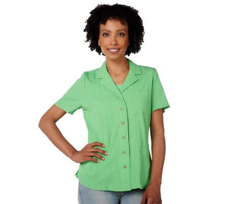 Denim & Co. Short Sleeve Button Front Gauze CampShirt and Knit Tank - A214232