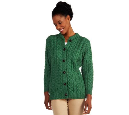 Kilronan Merino Wool Button Front Round Neck Aran Cardigan - A214732
