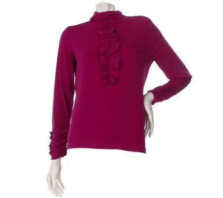 Susan Graver Liquid Knit Turtleneck with Ruffle and Ruching Detail - A216932